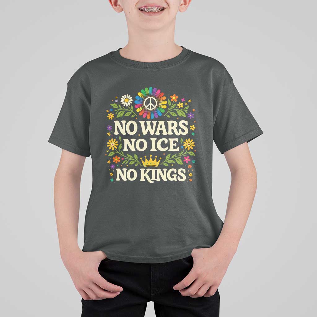 No Wars No ICE No Kings T Shirt For Kid Floral Resist Anti War Protest