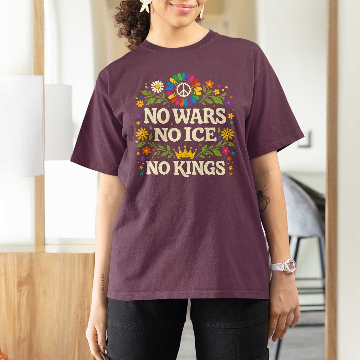 No Wars No ICE No Kings T Shirt For Women Floral Resist Anti War Protest
