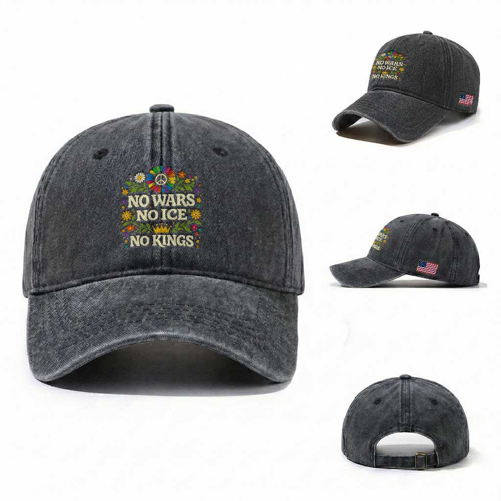 No Wars No ICE No Kings Washed Cotton Baseball Cap Floral Resist Anti War Protest
