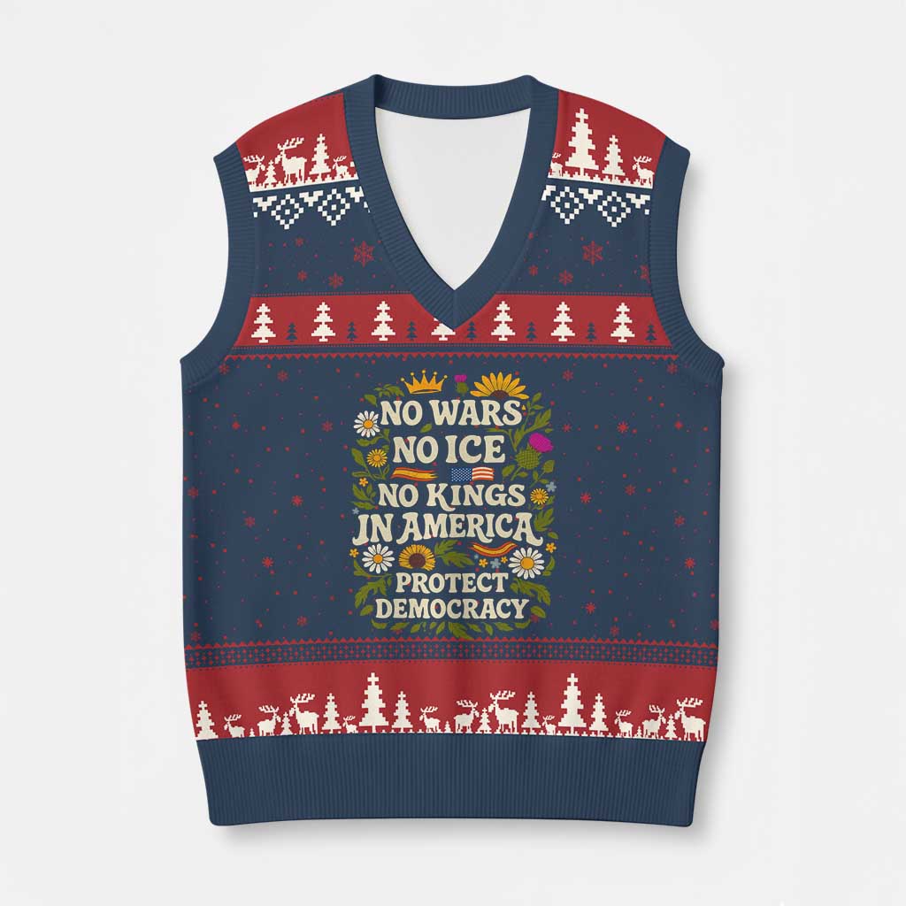 No Wars No ICE No Kings V-Neck Knit Sweater Vest Floral Resist No Kings In America Protest