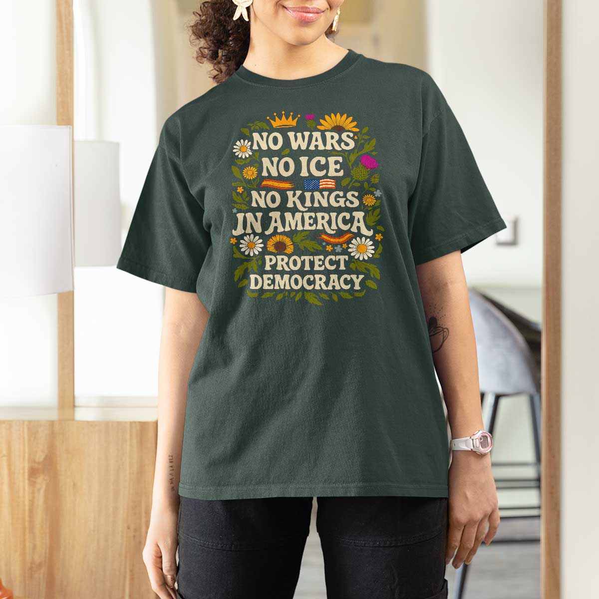 No Wars No ICE No Kings T Shirt For Women Floral Resist No Kings In America Protest