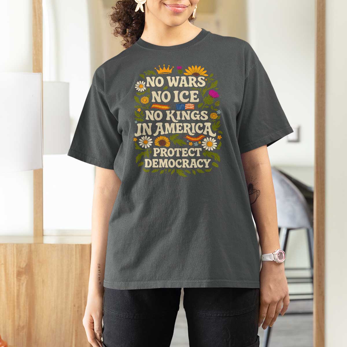 No Wars No ICE No Kings T Shirt For Women Floral Resist No Kings In America Protest