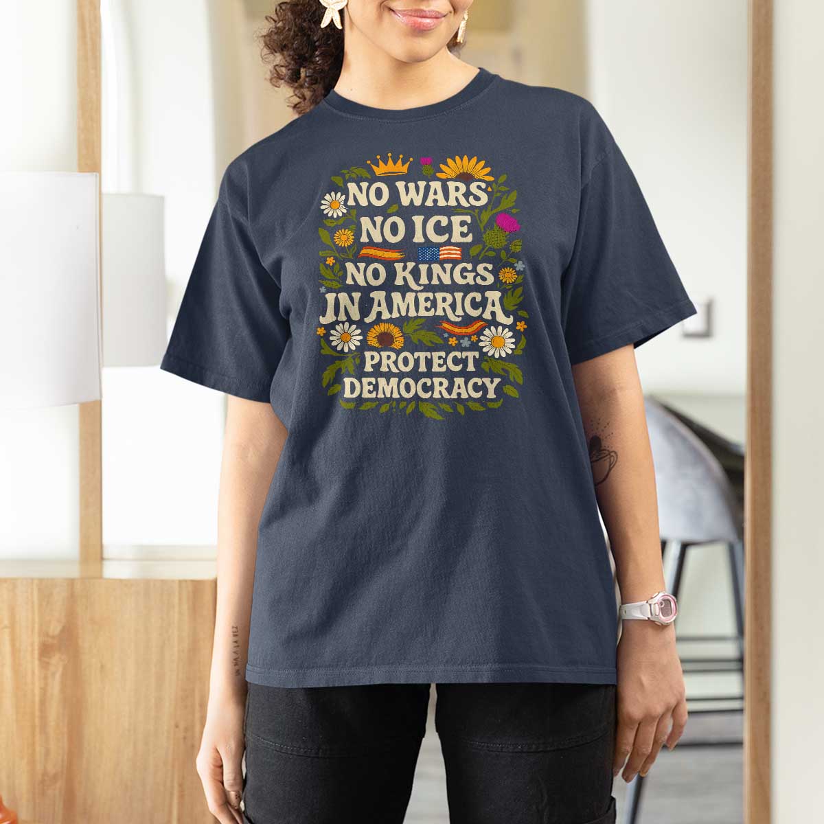 No Wars No ICE No Kings T Shirt For Women Floral Resist No Kings In America Protest
