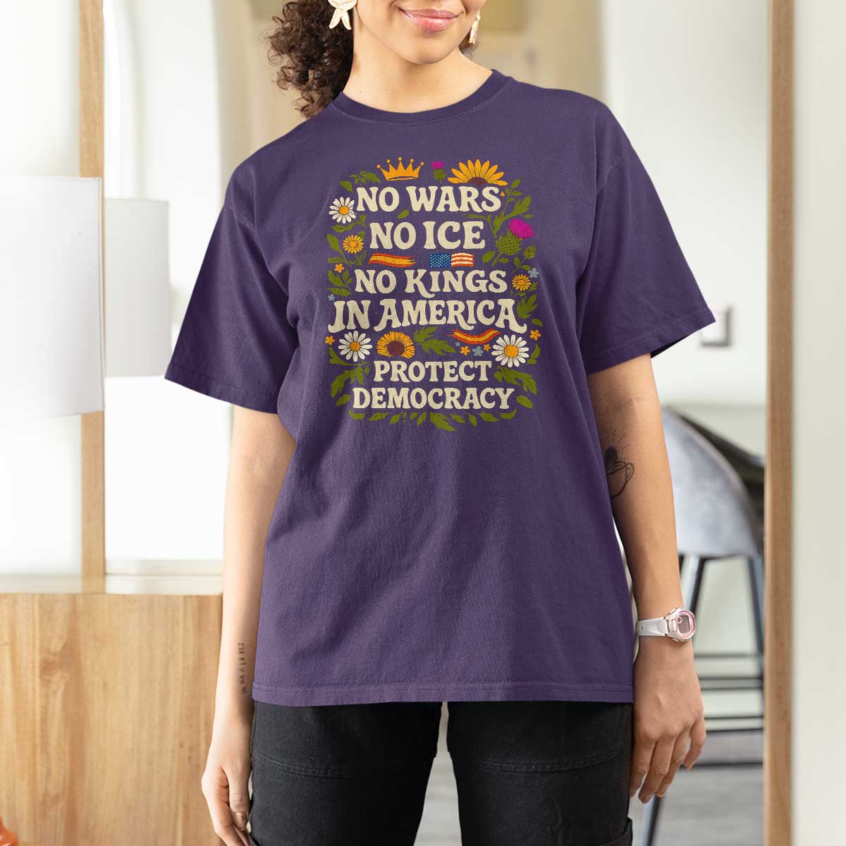 No Wars No ICE No Kings T Shirt For Women Floral Resist No Kings In America Protest