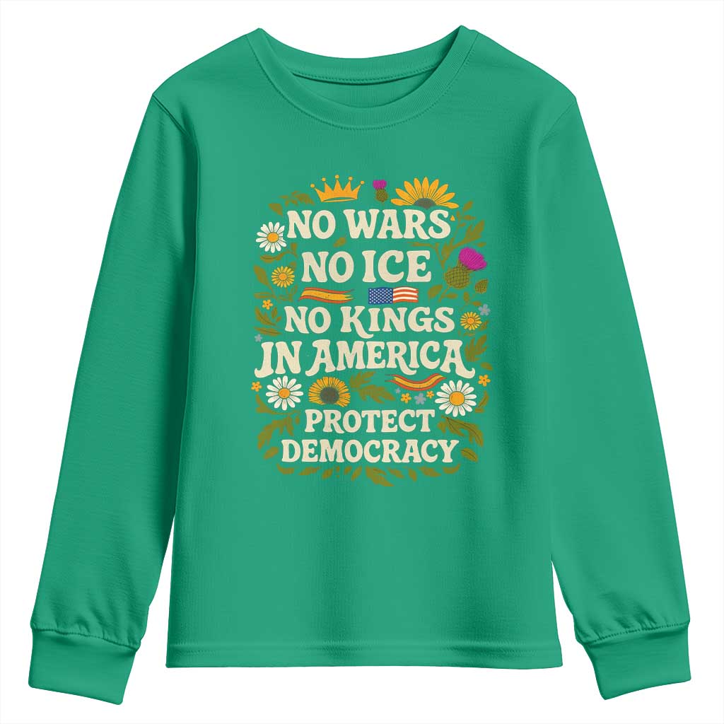No Wars No ICE No Kings Youth Sweatshirt Floral Resist No Kings In America Protest