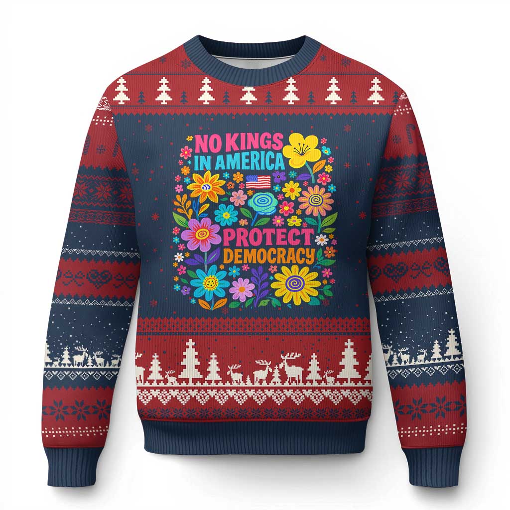 No Kings In America Protest Democraty Ugly Christmas Sweater Floral Resist