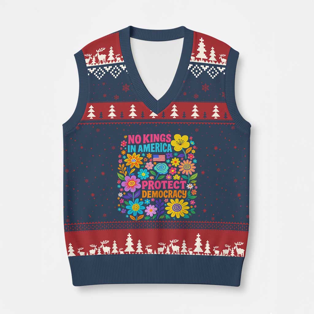 No Kings In America Protest Democraty V-Neck Knit Sweater Vest Floral Resist