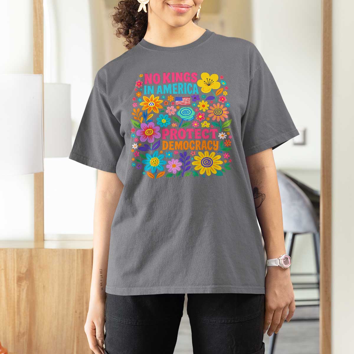 No Kings In America Protest Democraty T Shirt For Women Floral Resist