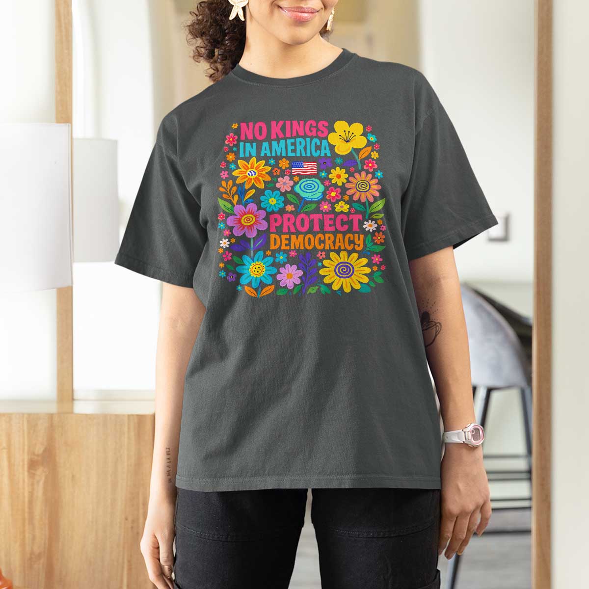 No Kings In America Protest Democraty T Shirt For Women Floral Resist