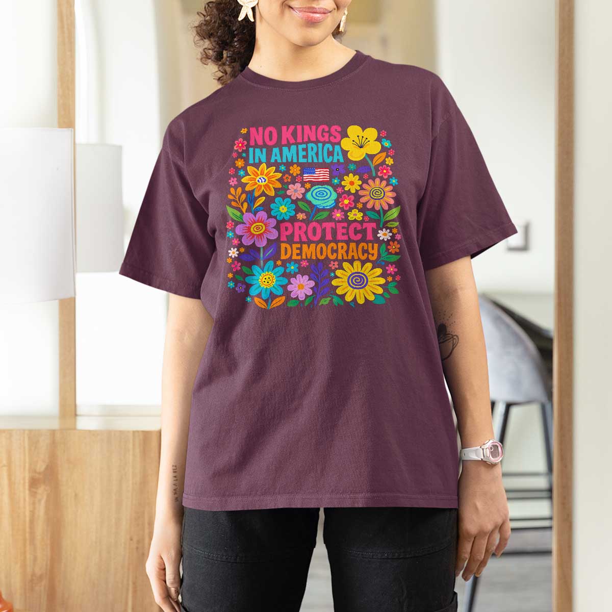 No Kings In America Protest Democraty T Shirt For Women Floral Resist