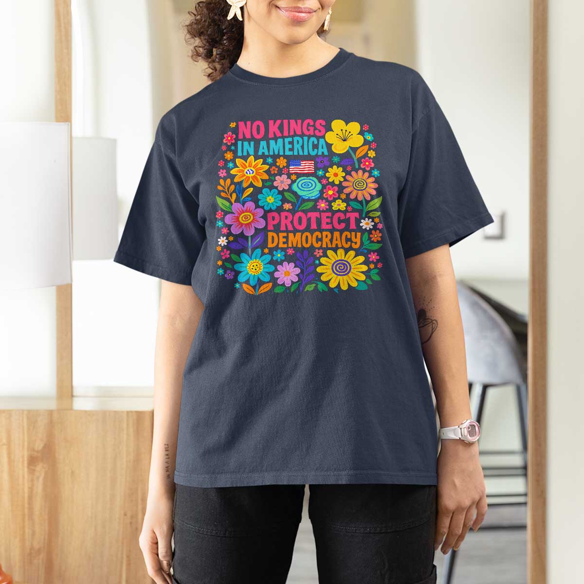 No Kings In America Protest Democraty T Shirt For Women Floral Resist
