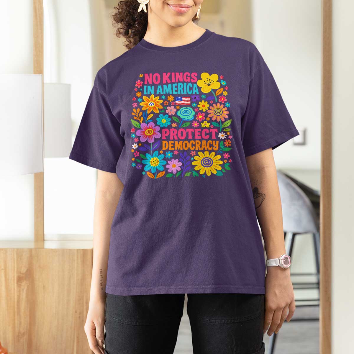 No Kings In America Protest Democraty T Shirt For Women Floral Resist