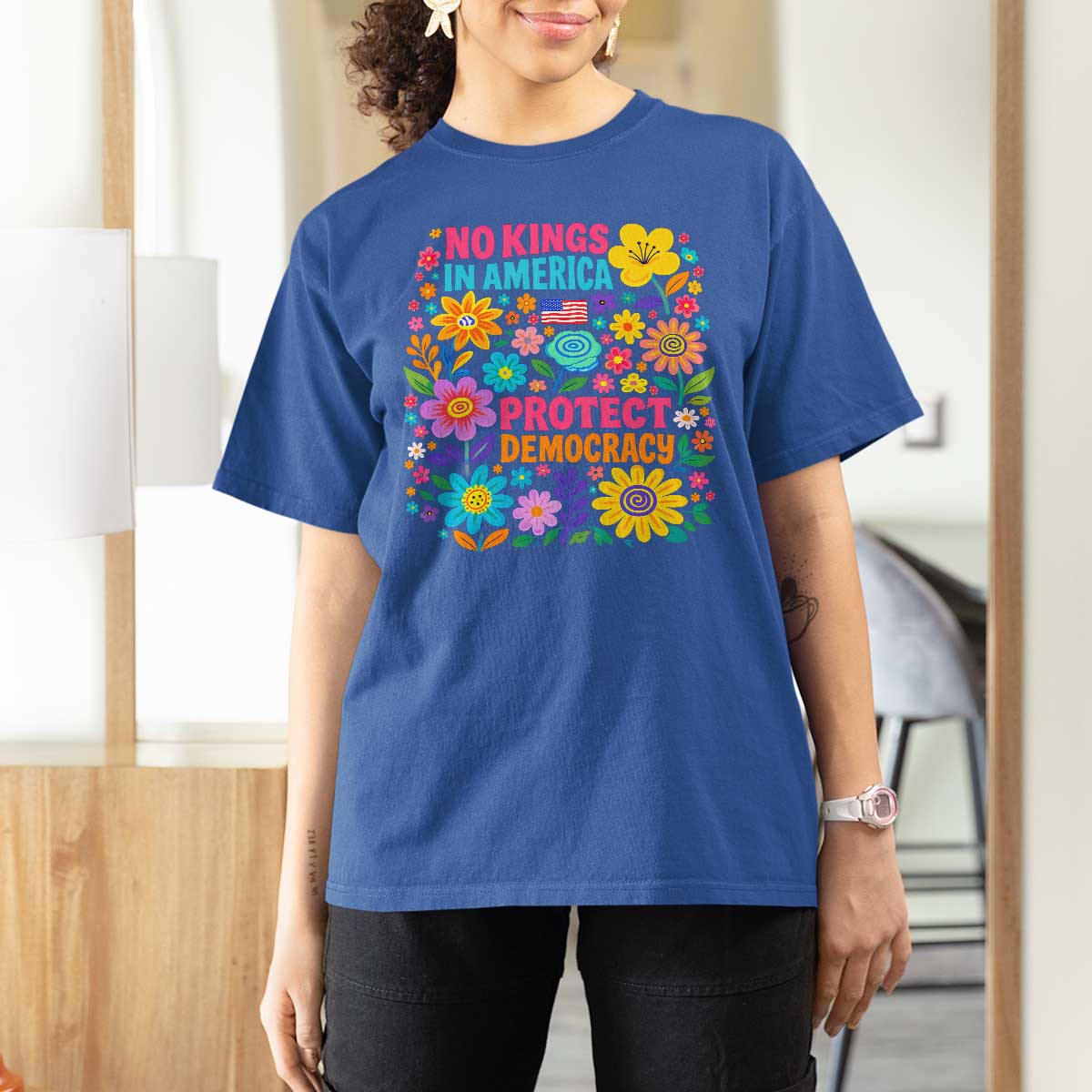 No Kings In America Protest Democraty T Shirt For Women Floral Resist