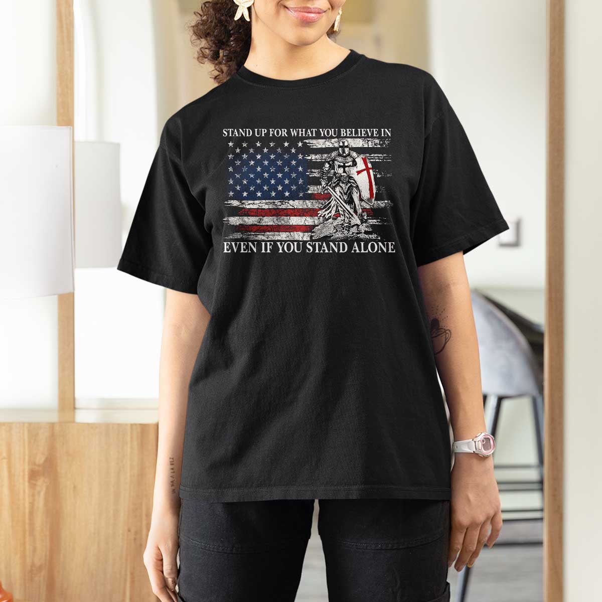 Catholic Knight Templar T Shirt For Women American Flag Crusader Cross