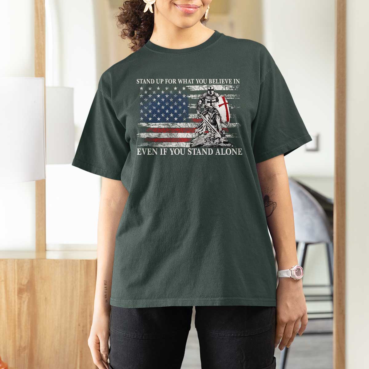 Catholic Knight Templar T Shirt For Women American Flag Crusader Cross