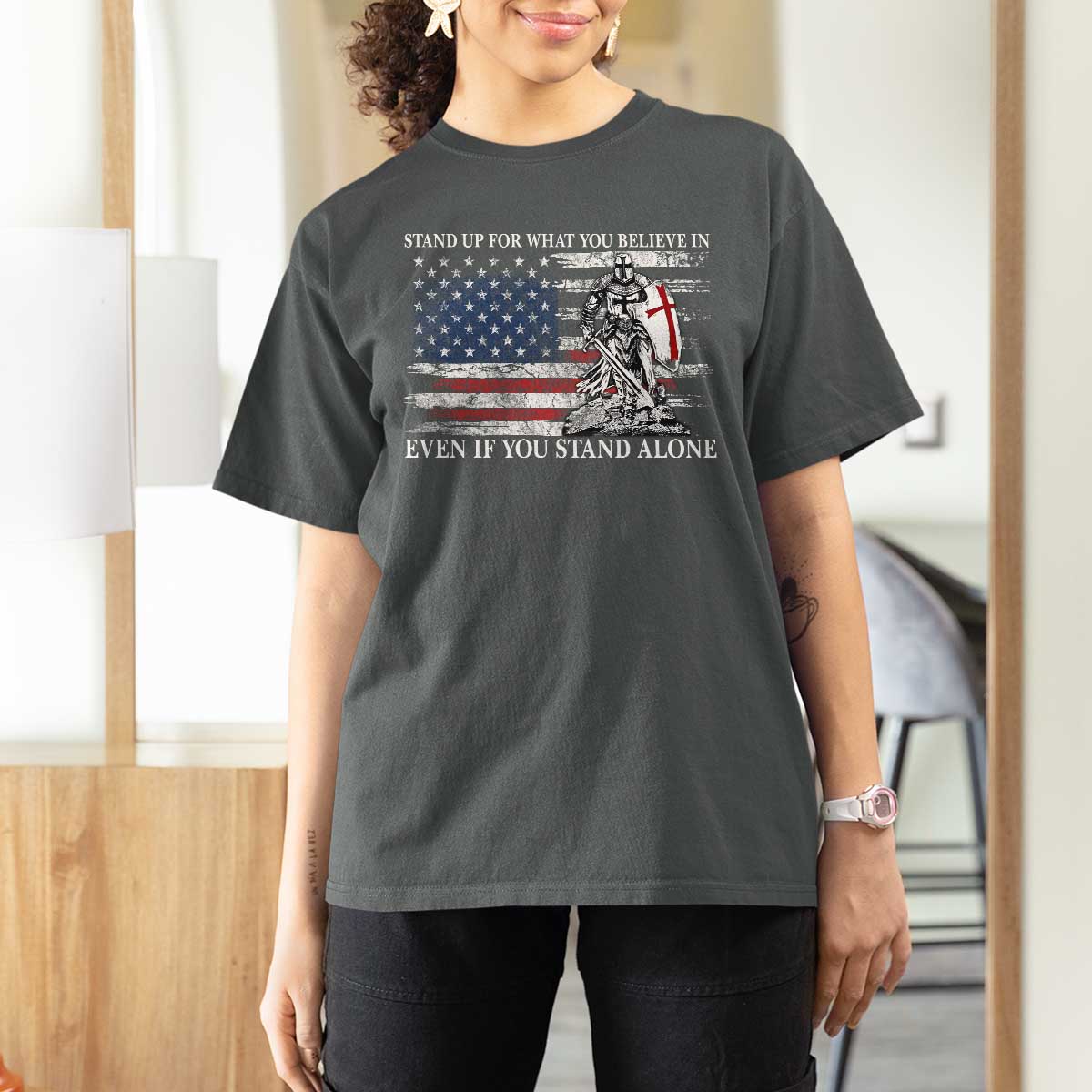 Catholic Knight Templar T Shirt For Women American Flag Crusader Cross