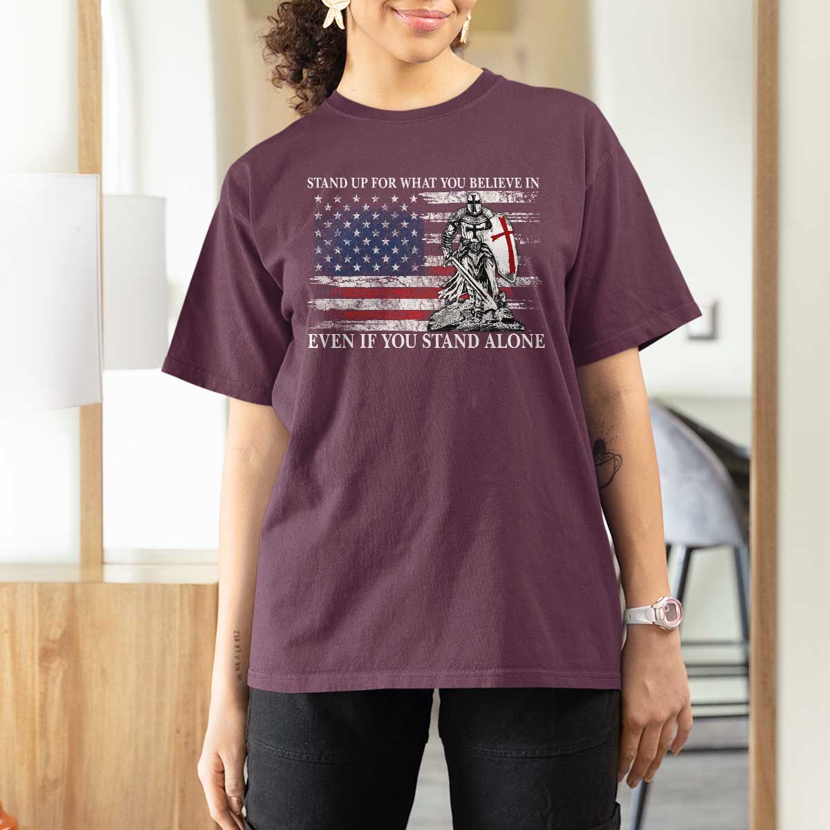 Catholic Knight Templar T Shirt For Women American Flag Crusader Cross