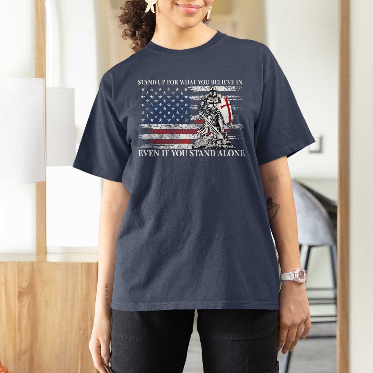Catholic Knight Templar T Shirt For Women American Flag Crusader Cross