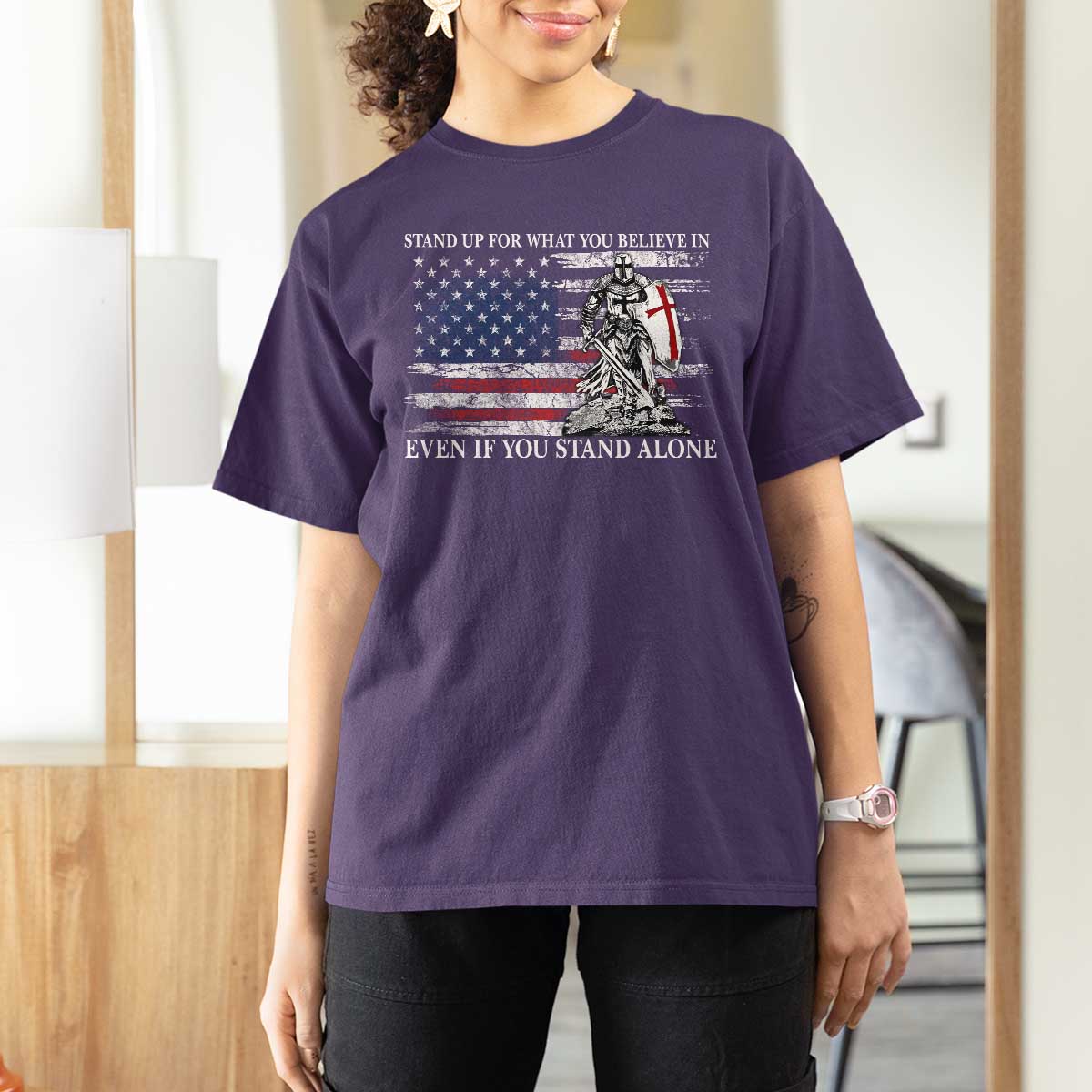 Catholic Knight Templar T Shirt For Women American Flag Crusader Cross