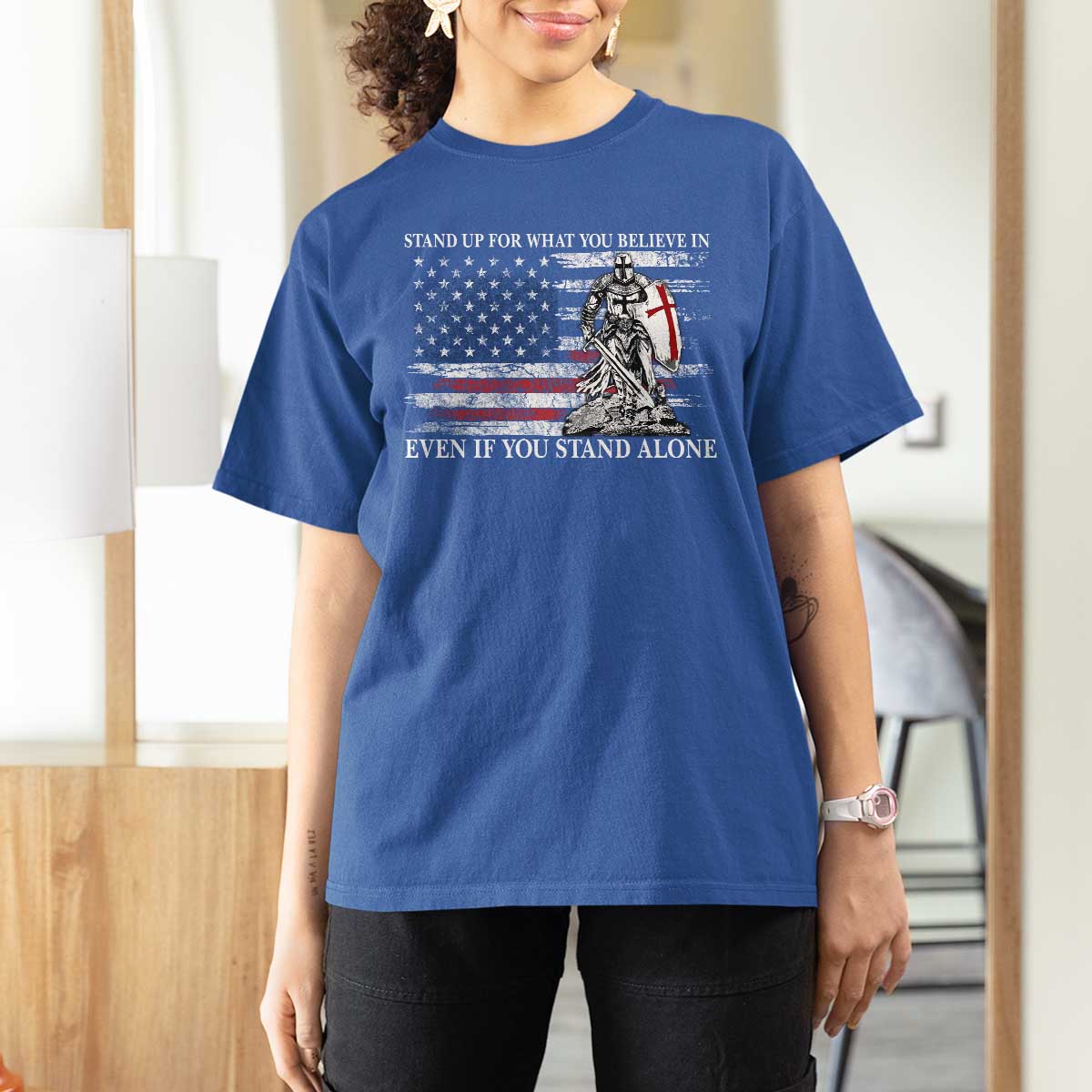 Catholic Knight Templar T Shirt For Women American Flag Crusader Cross