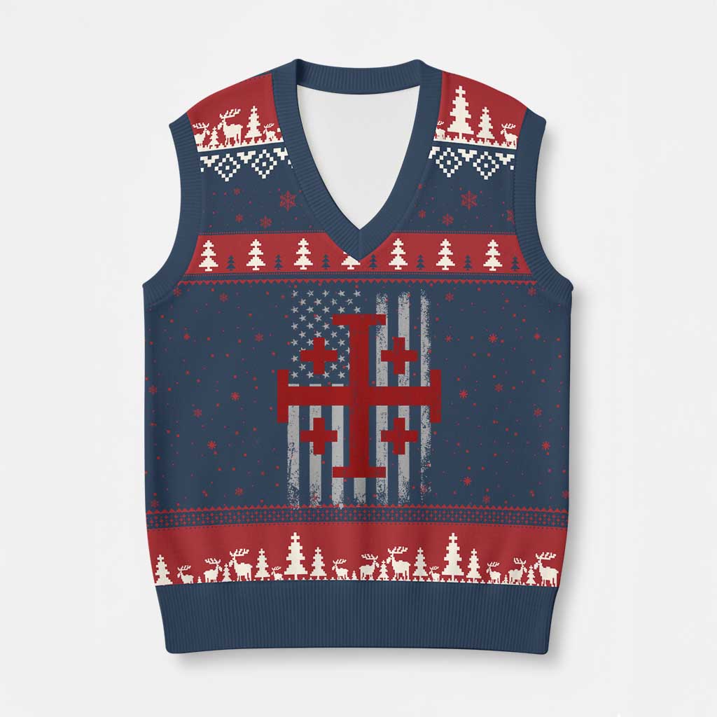 Catholic Crusader Cross V-Neck Knit Sweater Vest Knight Templar Patriotic American Flag