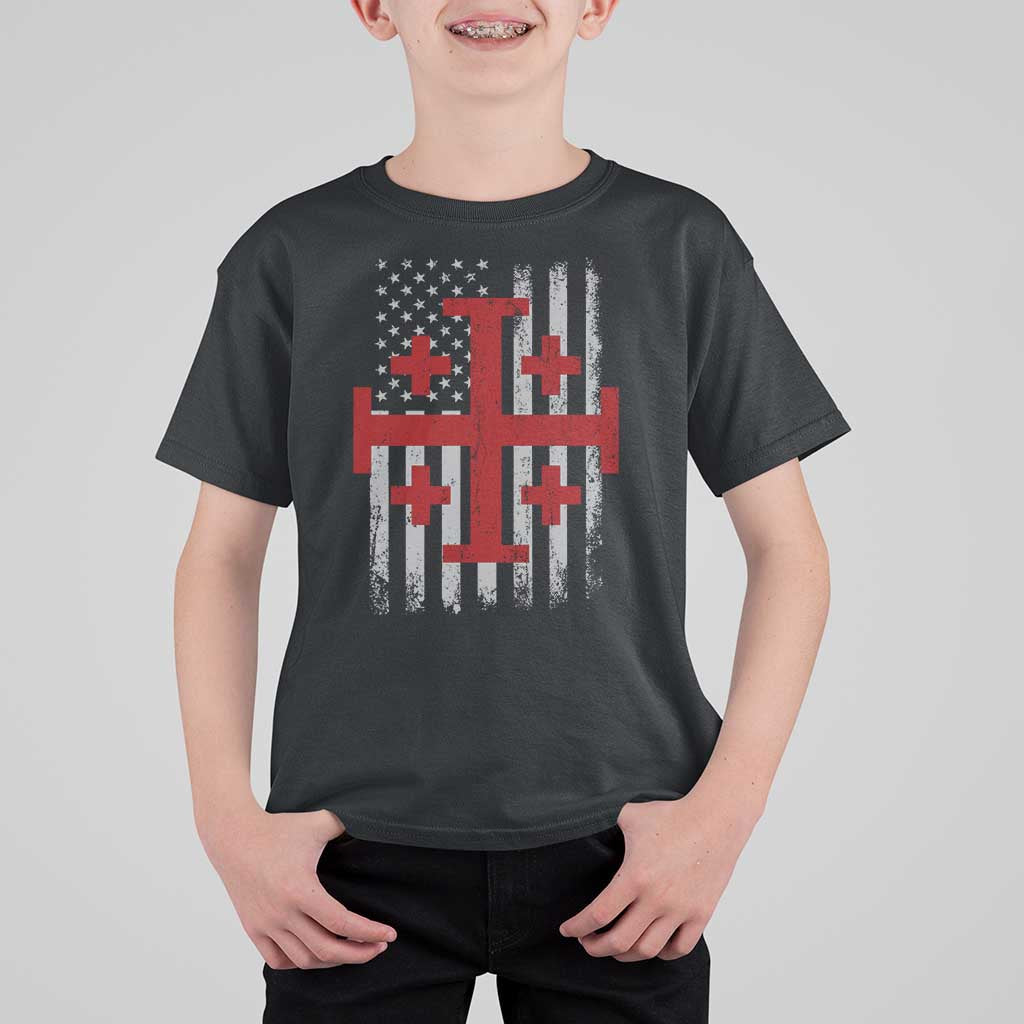 Catholic Crusader Cross T Shirt For Kid Knight Templar Patriotic American Flag
