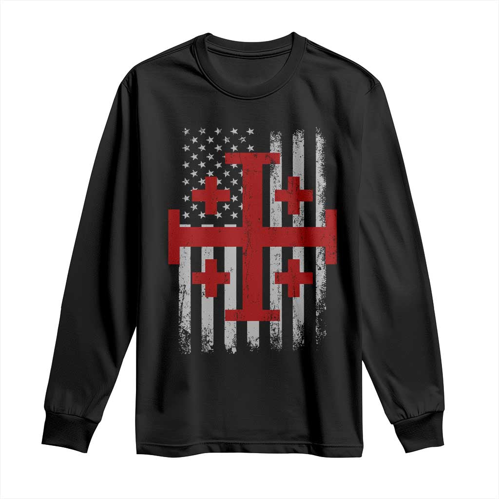Catholic Crusader Cross Long Sleeve Shirt Knight Templar Patriotic American Flag