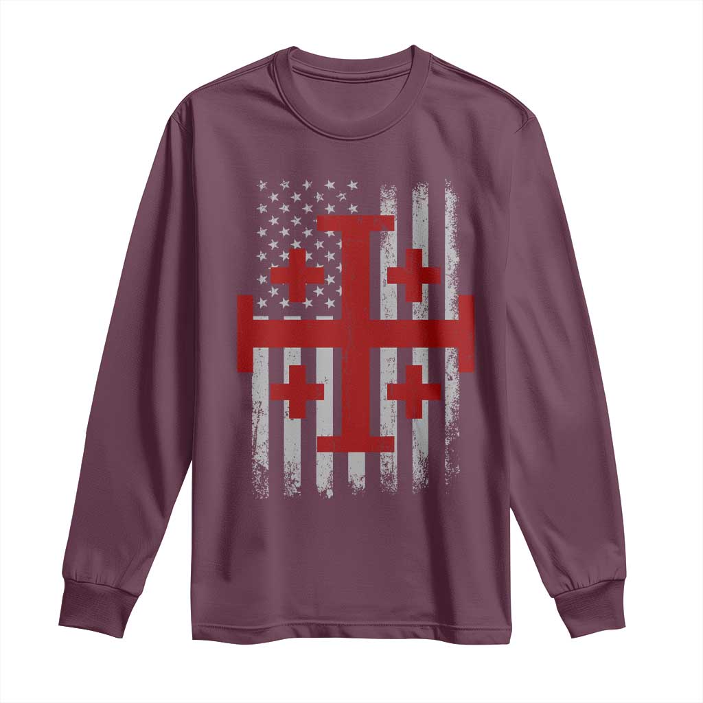 Catholic Crusader Cross Long Sleeve Shirt Knight Templar Patriotic American Flag