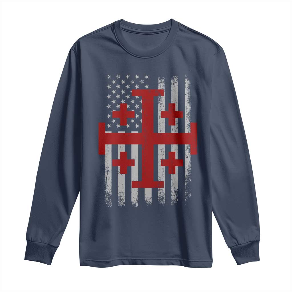 Catholic Crusader Cross Long Sleeve Shirt Knight Templar Patriotic American Flag