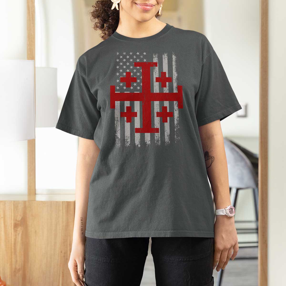 Catholic Crusader Cross T Shirt For Women Knight Templar Patriotic American Flag