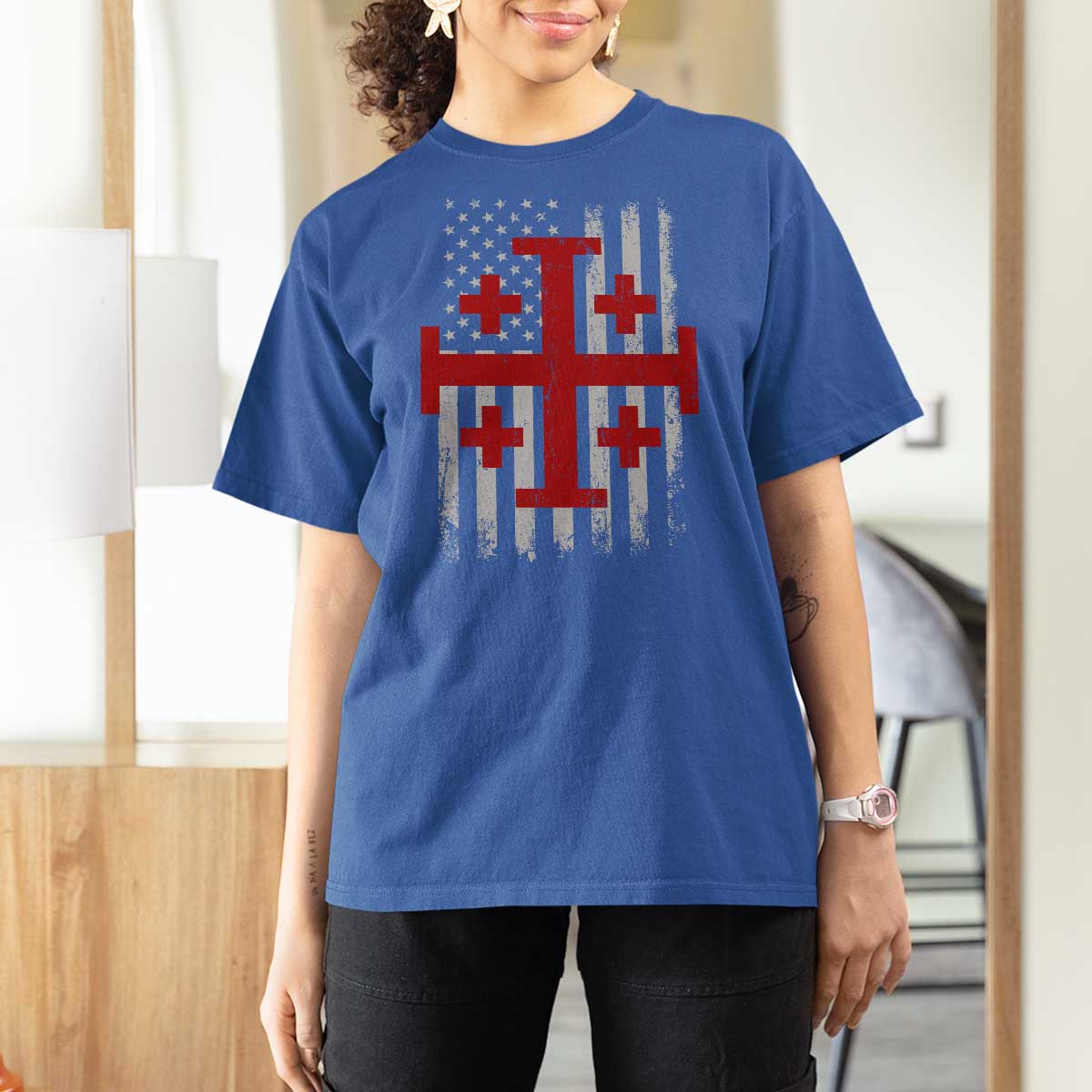 Catholic Crusader Cross T Shirt For Women Knight Templar Patriotic American Flag