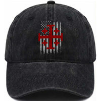 Catholic Crusader Cross Washed Cotton Baseball Cap Knight Templar Patriotic American Flag