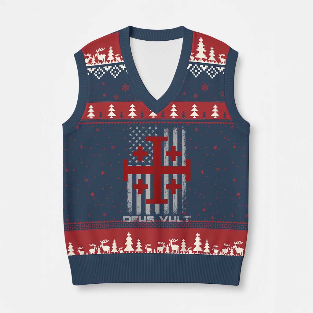 Catholic Knight Templar Crusader Cross V-Neck Knit Sweater Vest Knight Templar Patriotic American Flag
