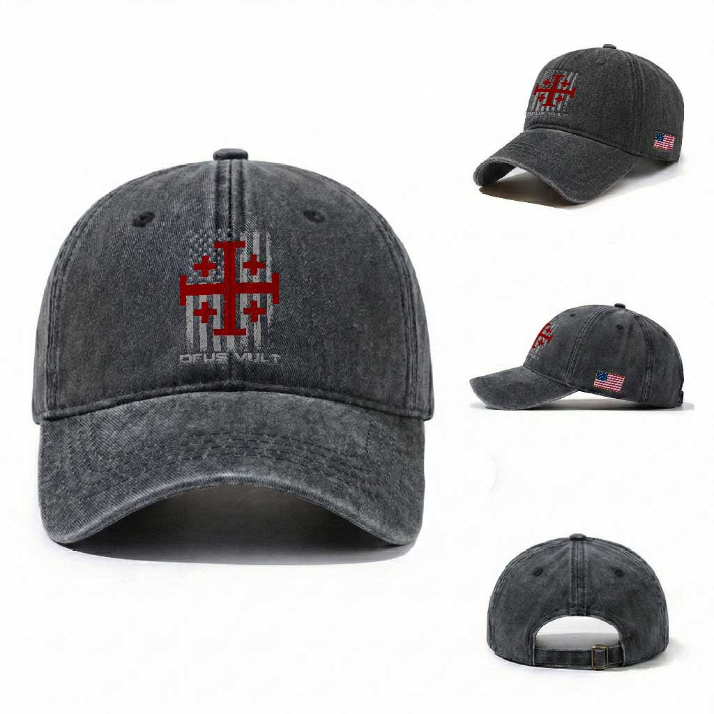 Catholic Knight Templar Crusader Cross Washed Cotton Baseball Cap Knight Templar Patriotic American Flag