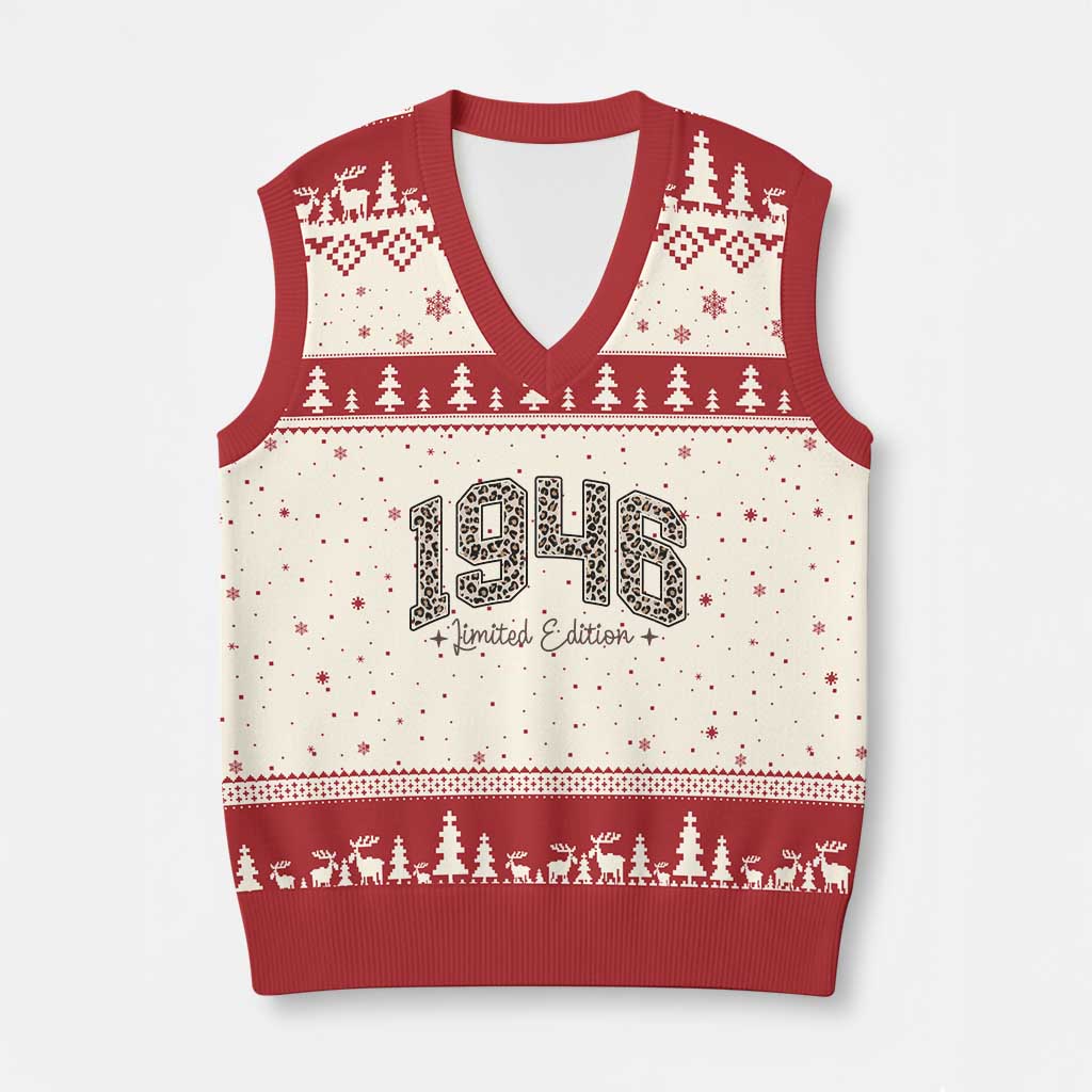 1946 Retro Birthday V-Neck Knit Sweater Vest 80 Year Old Leopard 80th Birthday Gifts For Women