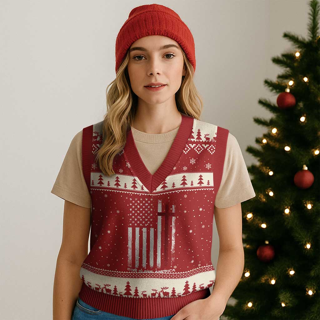 God Bless America V-Neck Knit Sweater Vest America Pride USA US Flag Patriotic 4th of July - Wonder Print Shop