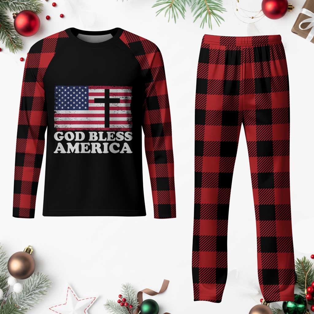 God Bless America Plaid Pajama Set Cross USA Flag Patriotic 4th of July Christian - Wonder Print Shop