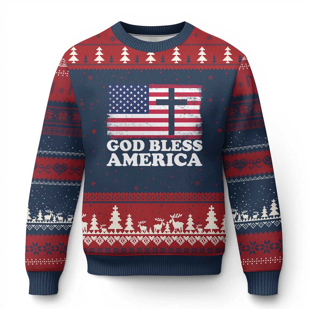 God Bless America Ugly Christmas Sweater Cross USA Flag Patriotic 4th of July Christian - Wonder Print Shop