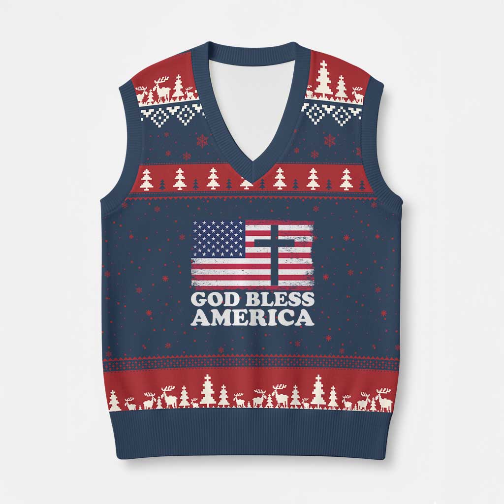 God Bless America V-Neck Knit Sweater Vest Cross USA Flag Patriotic 4th of July Christian - Wonder Print Shop