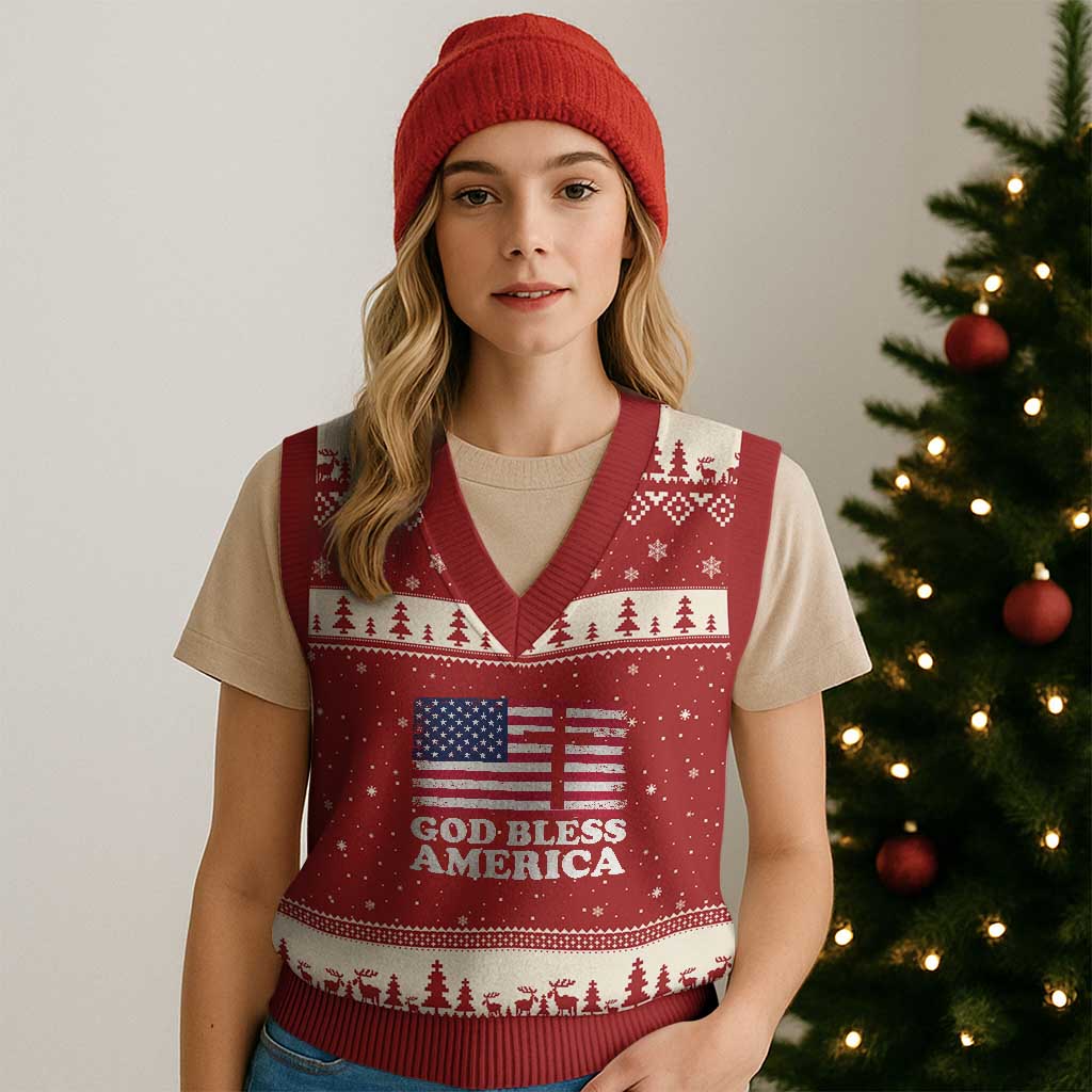 God Bless America V-Neck Knit Sweater Vest Cross USA Flag Patriotic 4th of July Christian - Wonder Print Shop