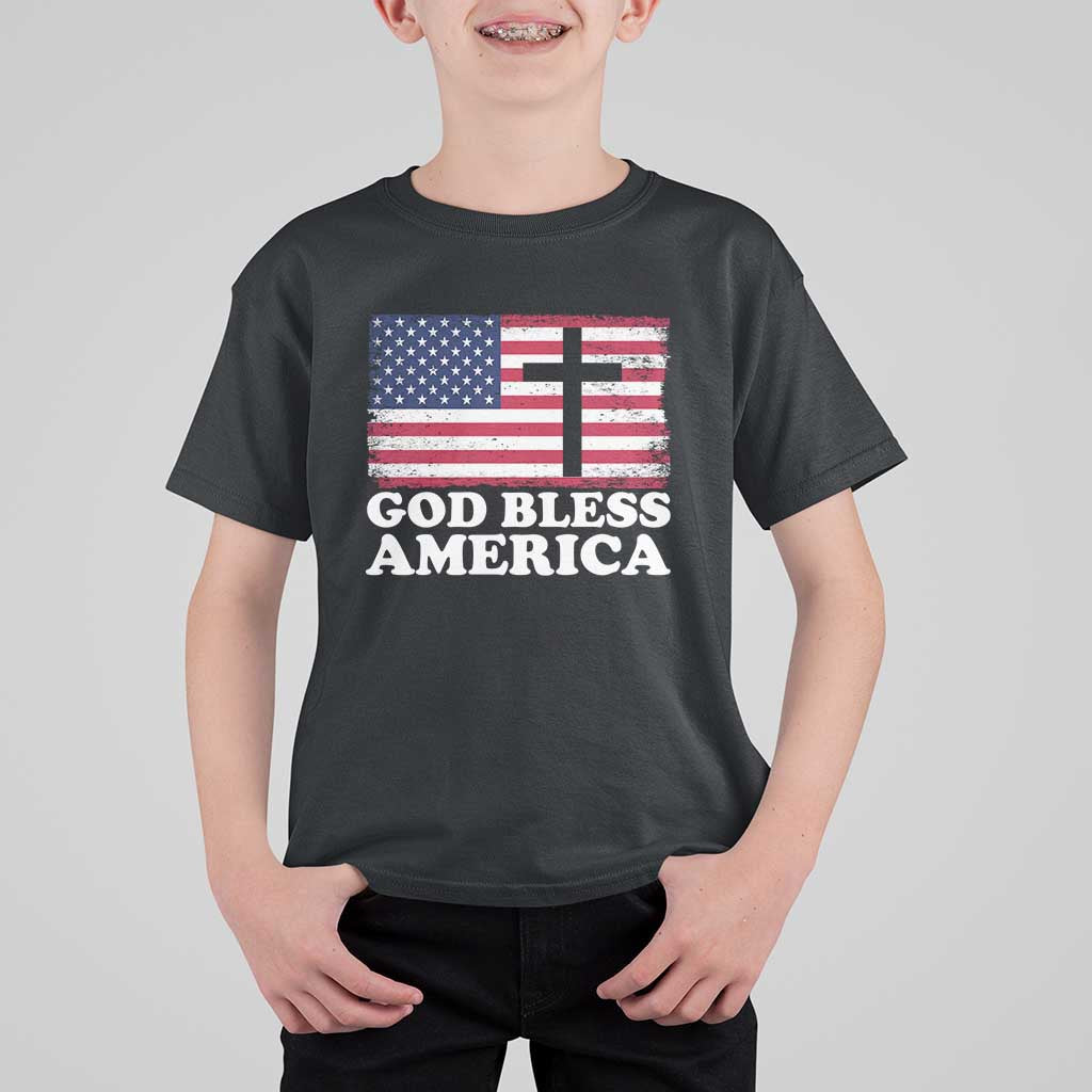 God Bless America T Shirt For Kid Cross USA Flag Patriotic 4th of July Christian - Wonder Print Shop