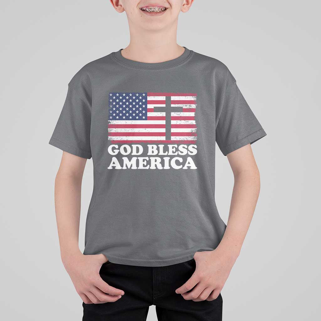 God Bless America T Shirt For Kid Cross USA Flag Patriotic 4th of July Christian - Wonder Print Shop