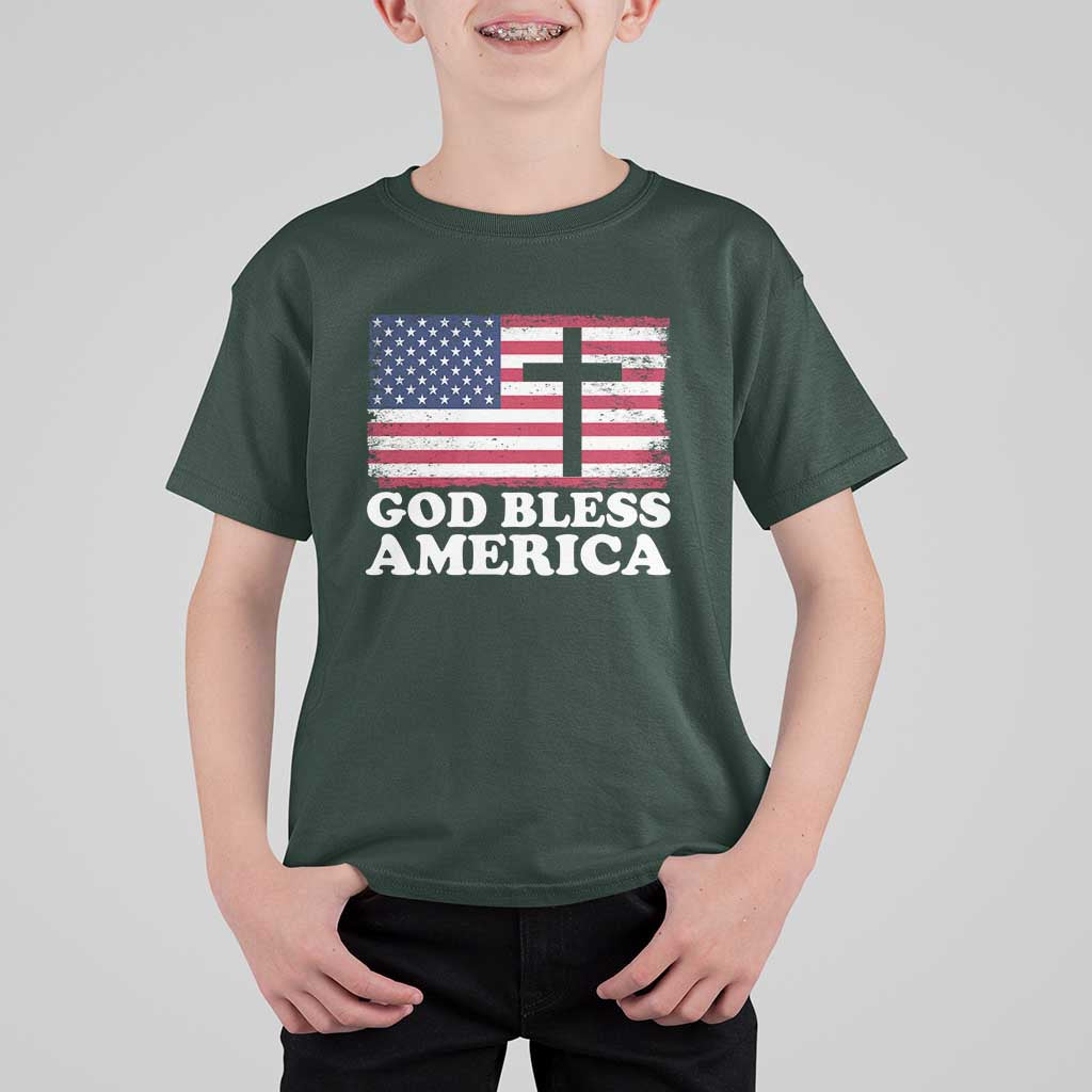 God Bless America T Shirt For Kid Cross USA Flag Patriotic 4th of July Christian - Wonder Print Shop