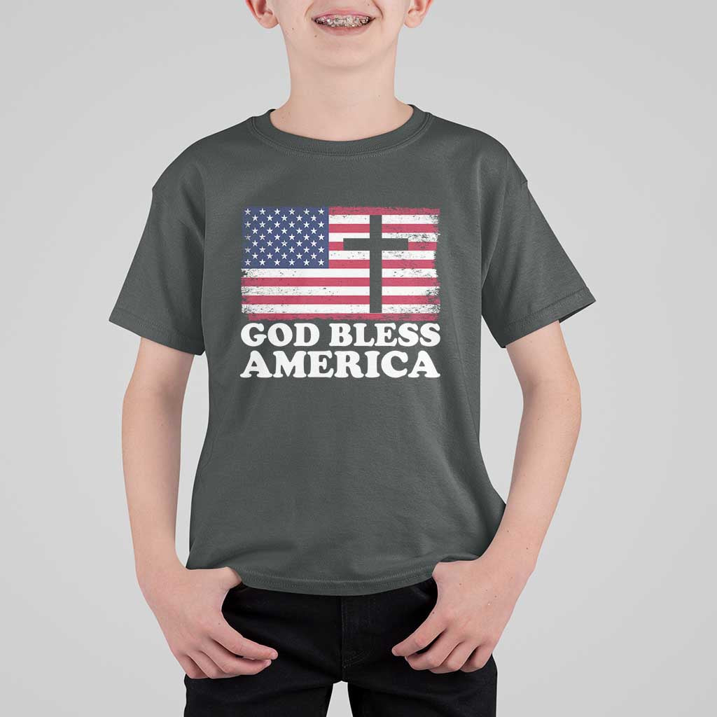 God Bless America T Shirt For Kid Cross USA Flag Patriotic 4th of July Christian - Wonder Print Shop