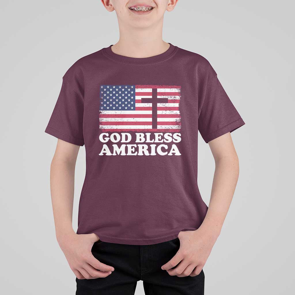 God Bless America T Shirt For Kid Cross USA Flag Patriotic 4th of July Christian - Wonder Print Shop