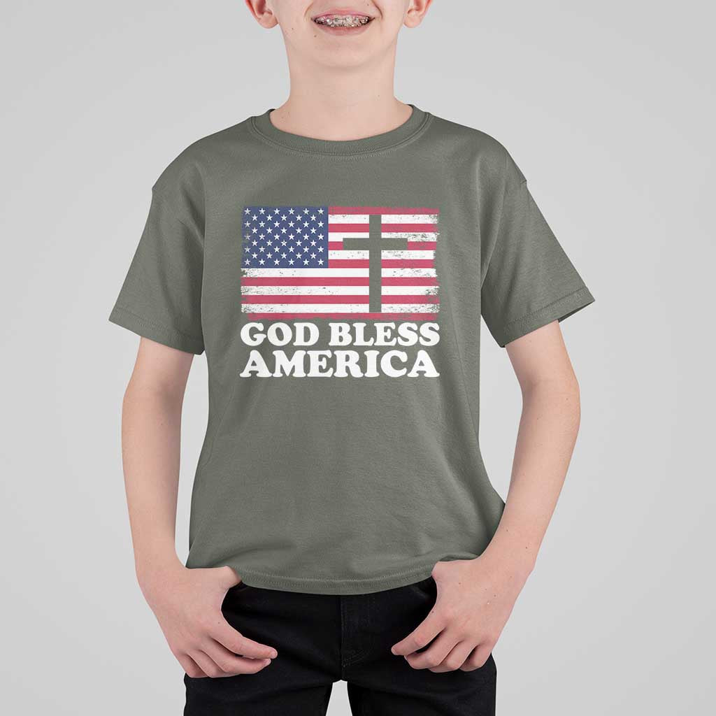 God Bless America T Shirt For Kid Cross USA Flag Patriotic 4th of July Christian - Wonder Print Shop