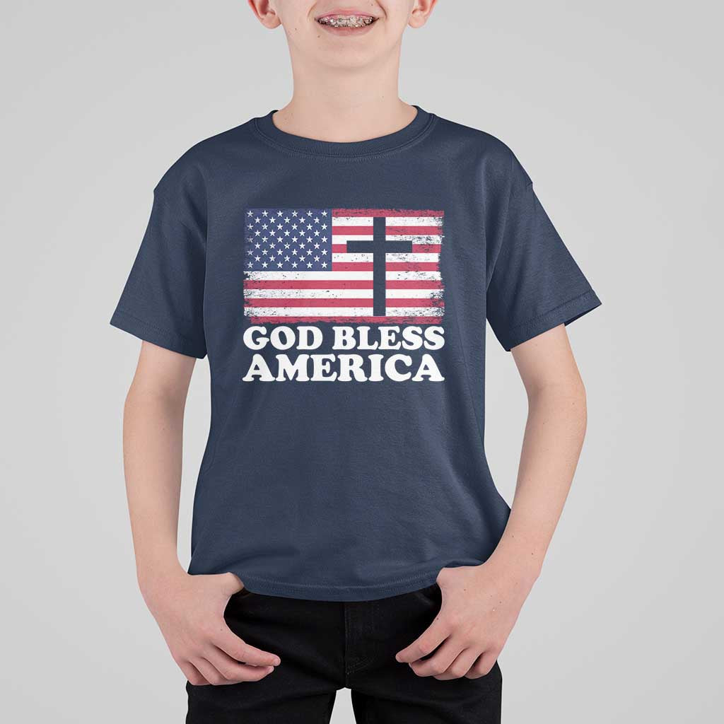 God Bless America T Shirt For Kid Cross USA Flag Patriotic 4th of July Christian - Wonder Print Shop