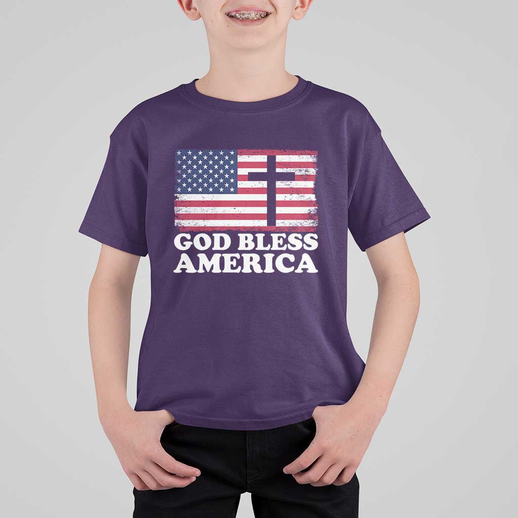 God Bless America T Shirt For Kid Cross USA Flag Patriotic 4th of July Christian - Wonder Print Shop