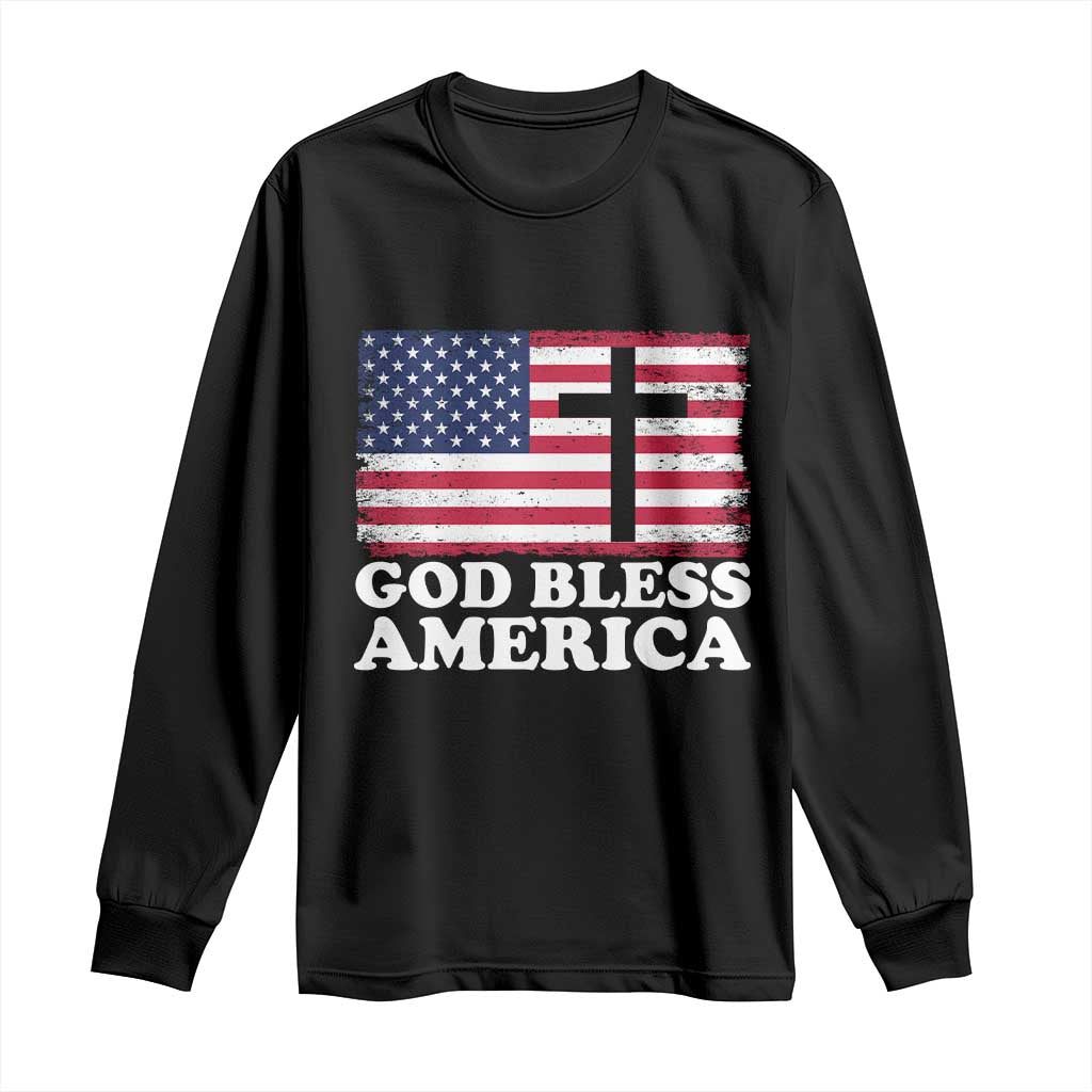 God Bless America Long Sleeve Shirt Cross USA Flag Patriotic 4th of July Christian - Wonder Print Shop