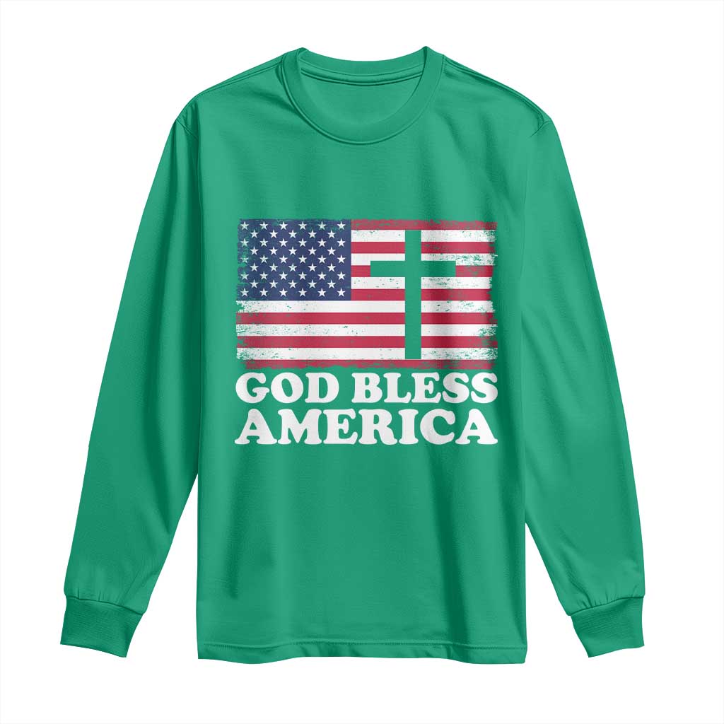 God Bless America Long Sleeve Shirt Cross USA Flag Patriotic 4th of July Christian - Wonder Print Shop